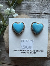 Load image into Gallery viewer, Navajo Sterling Silver Blue Turquoise Heart Stud Earrings. Gift