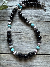 Load image into Gallery viewer, Sterling Silver Black Onyx Multi Stone Turquoise Pink Bead Necklace 18 Inch
