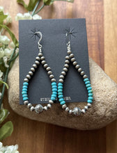 Load image into Gallery viewer, Sterling Silver Blue Turquoise Bead W Pearls Loop Hoop Earrings.