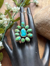 Load image into Gallery viewer, Navajo Sterling Silver Sonoran Gold Turquoise Cluster Ring Size 9 Geneva