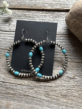Load image into Gallery viewer, Southwestern Sterling Silver Turquoise Pearls Bead Hoop Earrings 2.5 Inch