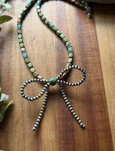 Load image into Gallery viewer, Bow Sterling Silver Blue Green Turquoise Pearls Bead Necklace. 18 inch Gift