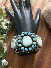 Load image into Gallery viewer, Native American Sterling Silver Palomino Turquoise Cluster Cuff Bracelet. RY