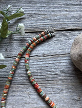Load image into Gallery viewer, Sterling Silver Orange Spiny Oyster Green Turquoise Heishi Bead Necklace 18 inch