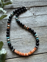 Load image into Gallery viewer, Sterling Silver Black Onyx Multi Stone Turquoise Spiny Bead Necklace 18 Inch