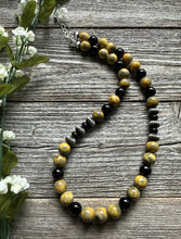 Load image into Gallery viewer, Sterling Silver Black Onyx Bumblebee Jasper Bead Necklace. 18 inch.