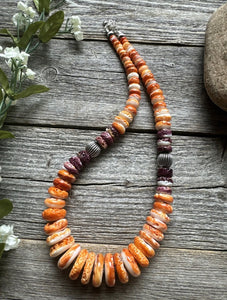 Sterling Silver Graduated Orange Purple Spiny Oyster Pearl Bead Necklace 18 Inch