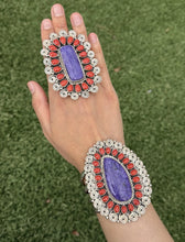 Load image into Gallery viewer, Tonya Rafael Navajo Sterling Silver Purple Charoite Red Coral Cuff Ring Set