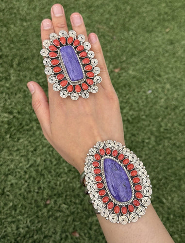 Tonya Rafael Navajo Sterling Silver Purple Charoite Red Coral Cuff Ring Set