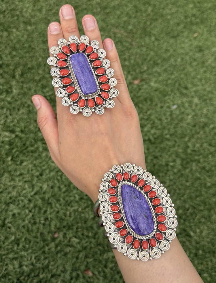 Tonya Rafael Navajo Sterling Silver Purple Charoite Red Coral Cuff Ring Set