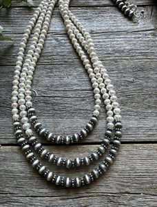 Sterling Silver Freshwater Pearls Multi Strand Layered Bead Necklace. 26-30 Inch