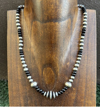 Load image into Gallery viewer, Black Onyx Multi Graduated Sterling Silver Pearls Bead Necklace 18 inch