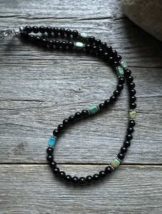 Sterling Silver Black Onyx Turquoise Bead Necklace. 18 Inch Gift
