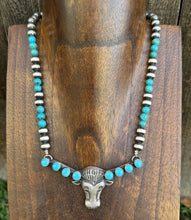 Load image into Gallery viewer, Navajo Sterling Silver Blue Turquoise Bar Pearls Necklace 16 inch Kevin Billah