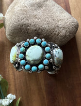 Load image into Gallery viewer, Native American Sterling Silver Palomino Turquoise Cluster Cuff Bracelet. RY