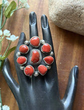 Load image into Gallery viewer, Navajo Native American Sterling Silver Red Coral Cluster Adjustable Ring. T Jon