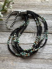 Load image into Gallery viewer, Sterling Silver Multi Strand Black Onyx Turquoise Nuggets Bead Necklace. 24 Inch