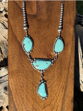 Load image into Gallery viewer, Navajo Sterling Silver Blue Turquoise Lariat Pearls Bead Chain Necklace R Yazzie