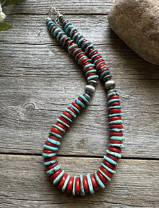 Southwestern 925 Sterling Silver Blue Turquoise Coral Bead Necklace 18 inch Gift