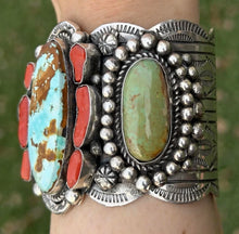Load image into Gallery viewer, Navajo Native American Sterling Silver Royston Turquoise Coral Cuff Bracelet CY