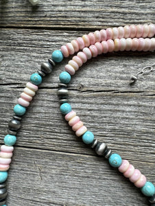 Sterling Silver Pink Conch Blue Turquoise Bead Necklace 20 Inch. Gift