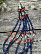 Load image into Gallery viewer, Sterling Silver Multi Strand Stone Lapis Spiny Turquoise Bead Necklace. 20 inch