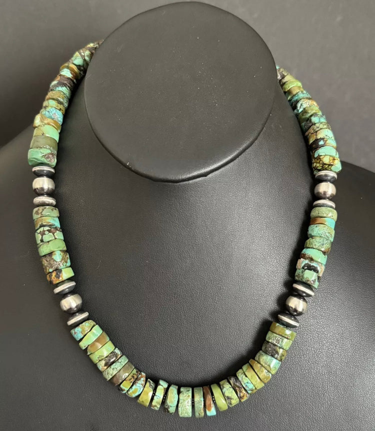 Southwestern 925 Sterling Silver Green Turquoise Heishi Bead Necklace. 20 inch