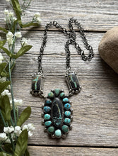 Load image into Gallery viewer, Navajo Sterling Silver Black Jack Turquoise Cluster Lariat Y Chain Necklace KY