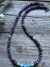 Load image into Gallery viewer, Sterling Silver Dyed Sugilite Charoite W Turquoise Bead Necklace 18 inch