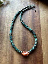 Load image into Gallery viewer, Sterling Silver Graduated Turquoise Heishi Spiny Oyster Bead Necklace 17.5 Inch