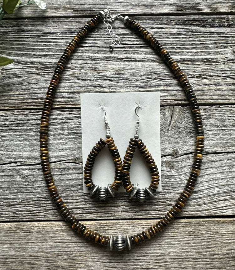 Sterling Silver Tigers Eye Bead Necklace W Earrings Set. Gift 18 Inch