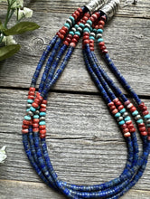 Load image into Gallery viewer, Sterling Silver Multi Strand Stone Lapis Spiny Turquoise Bead Necklace. 20 inch