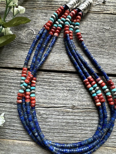 Sterling Silver Multi Strand Stone Lapis Spiny Turquoise Bead Necklace. 20 inch