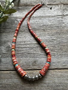 Sterling Silver Graduated Multi Stone Spiny Oyster Heishi Bead Necklace 18 inch