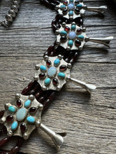 Load image into Gallery viewer, Navajo Sterling Silver Garnet Turquoise Naja Squash Blossom Bead Necklace Signed