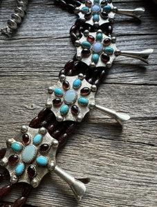 Navajo Sterling Silver Garnet Turquoise Naja Squash Blossom Bead Necklace Signed