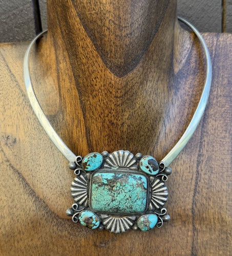 Native American Sterling Silver Turquoise Cluster Pendant Necklace TJ