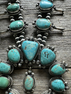 Navajo Sterling Silver Blue Turquoise Squash Blossom Pearls Necklace. K Yazzie