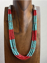 Load image into Gallery viewer, Sterling Silver Multi Strand Heishi Bamboo Coral Turquoise Bead Necklace 24 Inch