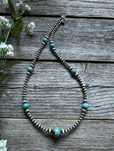 Load image into Gallery viewer, Southwestern Sterling Silver Turquoise 4mm Pearls Bead Necklace. 22 Inch. Gift