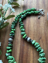 Load image into Gallery viewer, Sterling Silver Green Turquoise Nuggets W Pearls Bead Necklace. 18 Inch
