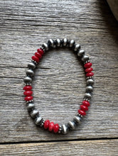 Load image into Gallery viewer, Red Coral 6mm 7 Inch Stretch Sterling Silver Pearls Bead Bracelet