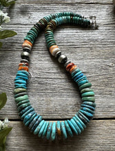 Load image into Gallery viewer, Sterling Silver Graduated Blue Green Turquoise Spiny Bead Necklace. 18 inch