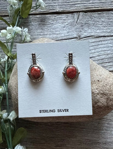 Navajo 925 Sterling Silver Red Spiny Oyster Handmade Earrings