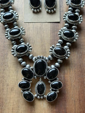 Load image into Gallery viewer, Navajo Sterling Silver Black Onyx Squash Blossom Naja Necklace Earrings Set LY