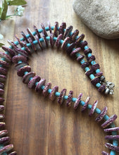 Load image into Gallery viewer, Sterling Silver Graduated Purple Spiny Oyster Turquoise Pearls Bead Necklace 34”