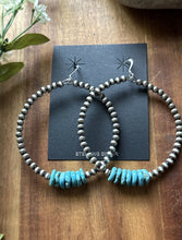 Load image into Gallery viewer, Large Sterling Silver Blue Turquoise Bead 4mm Pearls Loop Hoop Earrings. 3 Inch