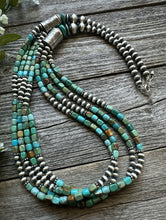 Load image into Gallery viewer, Sterling Silver Multi Strand Blue Green Turquoise Pearls Bead Necklace. 30 inch