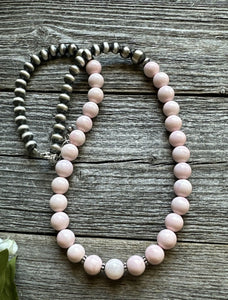 Sterling Silver 8mm Pink Conch Round Bead W Pearls Necklace. 20 inch