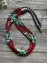 Load image into Gallery viewer, Sterling Silver Blue Green Turquoise Red Coral Pearls Bead Necklace 28 Inch